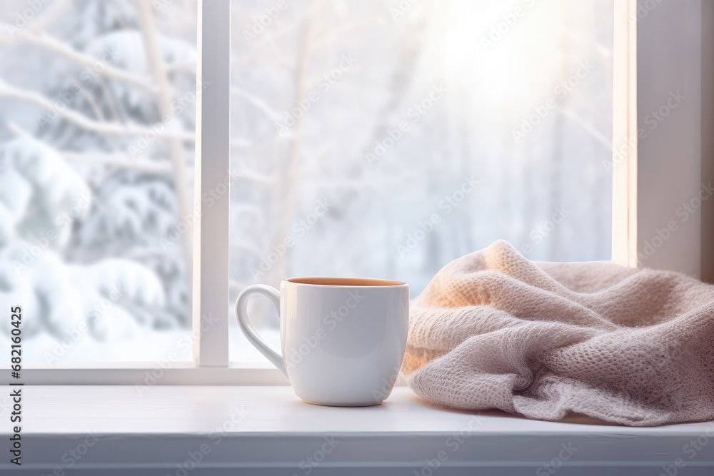cup of coffee on the window sill on a winter morning