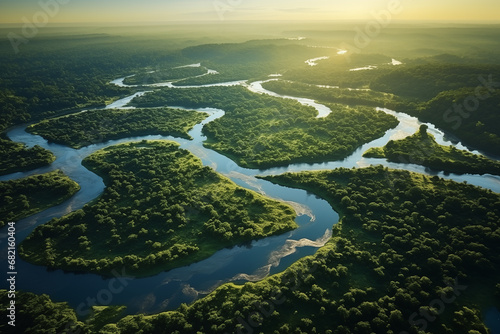 aerial view to the land with the tropical forest and large river system during high water