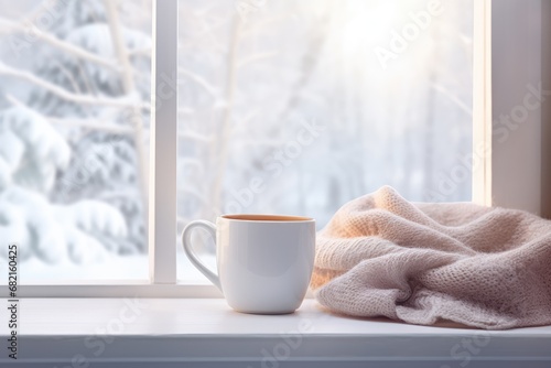 cup of coffee on the window sill on a winter morning