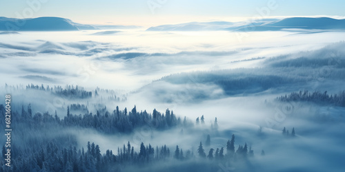 hilly landscape with winter coniferous forest in morning fog, aerial view