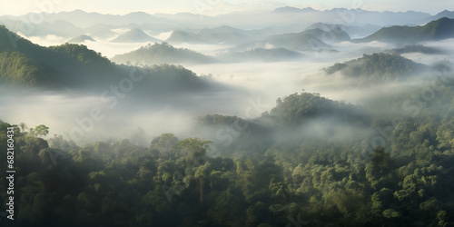 aerial view of wild mountain rainforest area in morning fog