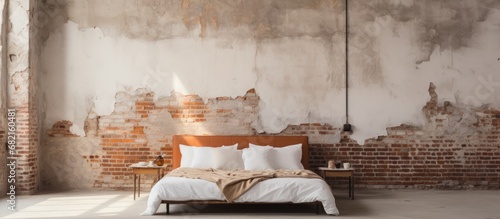 In the industrial setting, an old white bed made of stone and ceramic stands out against the red brick masonry. It is an isolated symbol of the new construction development, showcasing the blend of photo