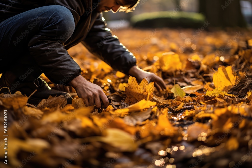 Fototapeta premium Person Tending To Fallen Leaves In Autumn. Сoncept Autumn Leaf Cleanup, Raking Leaves, Fall Yard Work, Nature's Carpet, Seasonal Chores