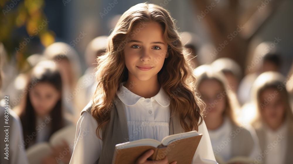 close up of school girl smiling and and carrying books, girl wearing school form, at the schoolyard outdoor background. close up of school girl smiling and and carrying books, girl wearing school form, at the schoolyard outdoor background.