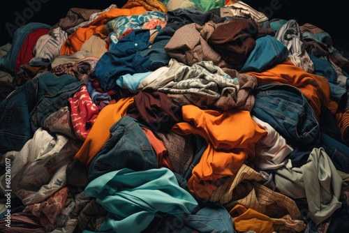 Pile Of Used Clothes Highlighting Sustainability And Recycling. Сoncept Sustainable Fashion, Recycling Clothing, Eco-Friendly Wardrobe, Upcycled Fashion, Secondhand Style