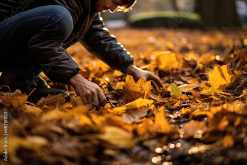 Person Tending To Fallen Leaves In Autumn. Сoncept Autumn Leaf Cleanup, Raking Leaves, Fall Yard Work, Nature's Carpet, Seasonal Chores