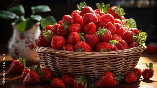 Closeup Strawberries in a bamboo basket with blur background