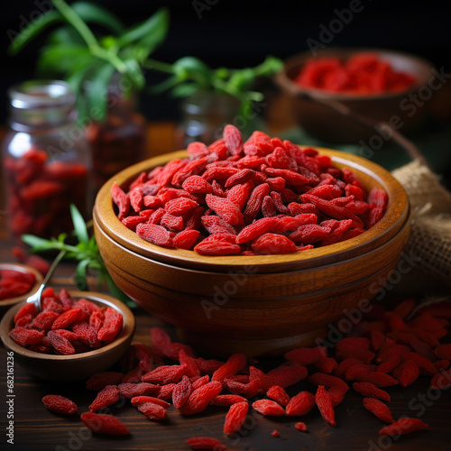 Goji banner. Bowl full of goji berries. Close-up food photography background