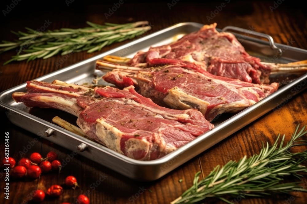 silver tray with seasoned lamb ribs ready to roast silver tray with seasoned lamb ribs ready to roast