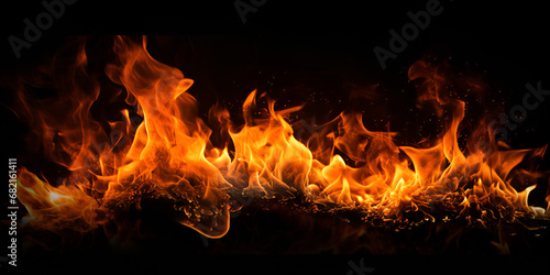 Fire and flames on a black background.. Explore the mesmerizing dance of flames on a dramatic black background. Burning Silhouette: Fire on Black Canvas