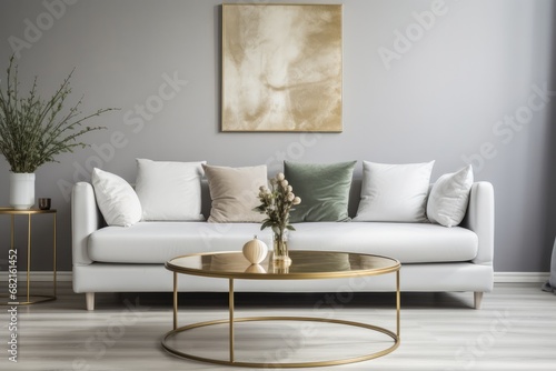 Round Golden Coffee Table In Front Of White Sofa Modern Living Room Design