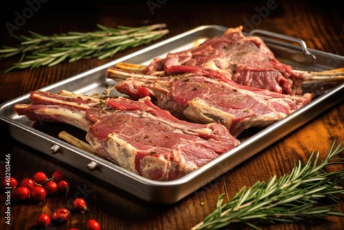 silver tray with seasoned lamb ribs ready to roast