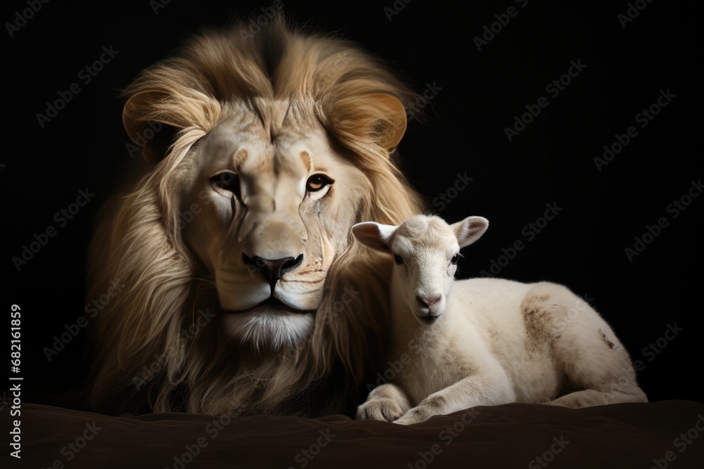 The Lion And The Lamb Together Against Black Background The Lion And The Lamb Together Against Black Background