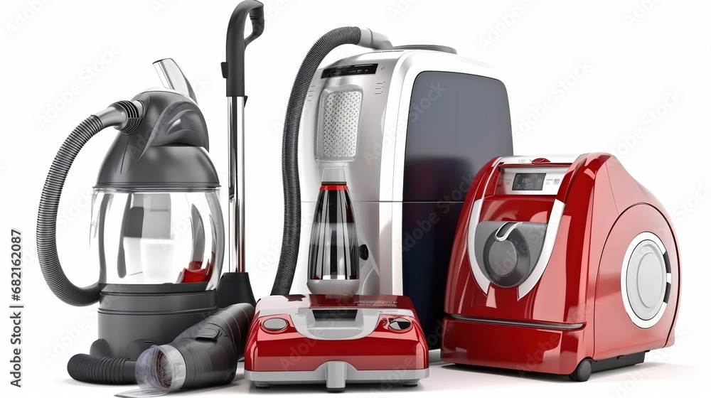 Fototapeta premium Home appliances. Group of vacuum cleaner, iron and washing machi