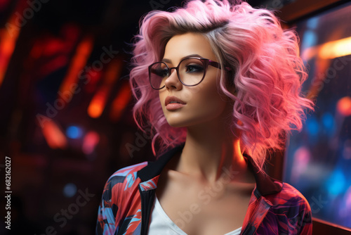 portrait of a beautiful stylish girl with colored pink wavy hair wearing glasses