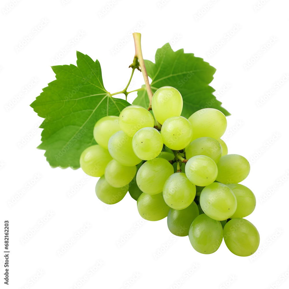 Sweet Green grape with leaves, isolated isolated on a white background. Sweet Green grape with leaves, isolated isolated on a white background.
