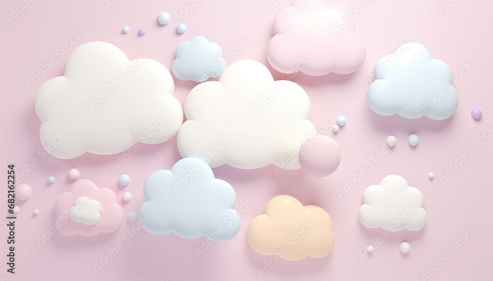 Cute pastel clouds Pink 3d clouds set isolated on a light pastel background. Render magic clouds icon in the blue sky. 3d geometric shapes illustration Fluffy cute background Cute pastel clouds Pink 3d clouds set isolated on a light pastel background. Render magic clouds icon in the blue sky. 3d geometric shapes illustration Fluffy cute background