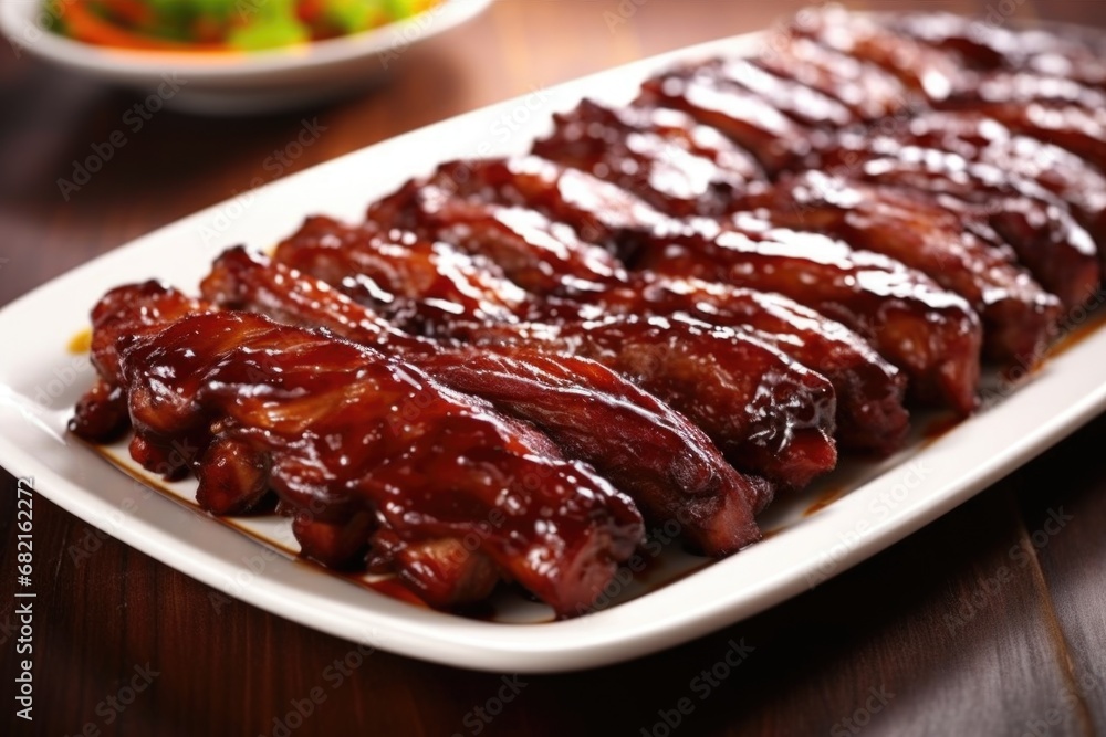 glossy glazed pork ribs with close-up focus