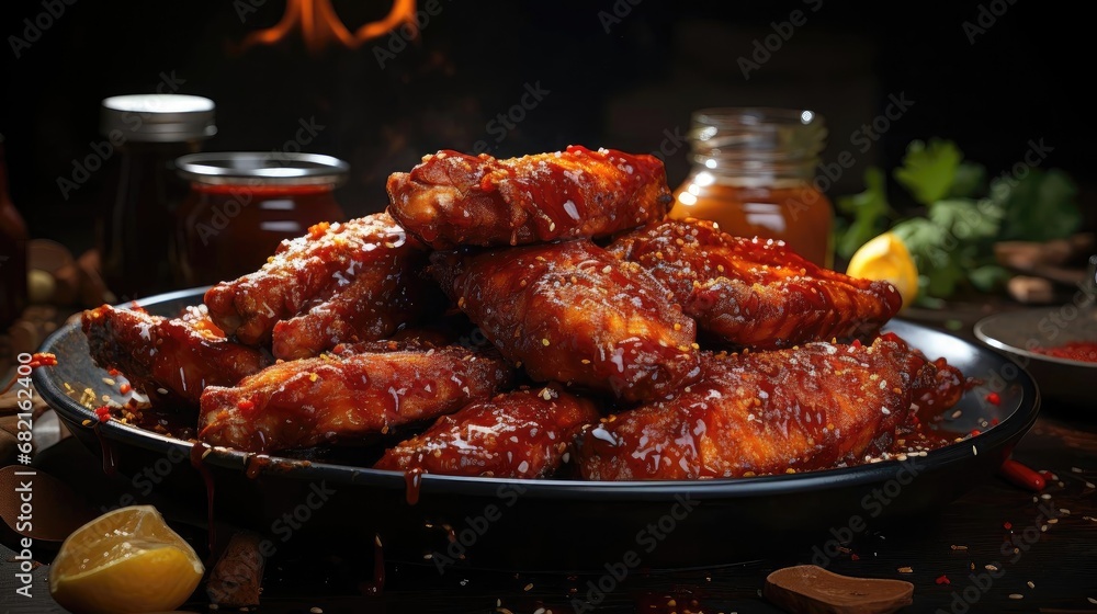 Buffalo wings with melted hot sauce on a wooden table with a blurred background