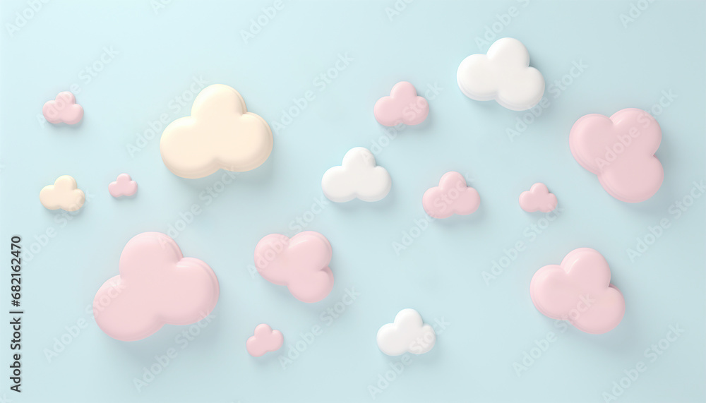 Cute pastel clouds Pink 3d clouds set isolated on a light pastel background. Render magic clouds icon in the blue sky. 3d geometric shapes illustration Fluffy cute background Cute pastel clouds Pink 3d clouds set isolated on a light pastel background. Render magic clouds icon in the blue sky. 3d geometric shapes illustration Fluffy cute background