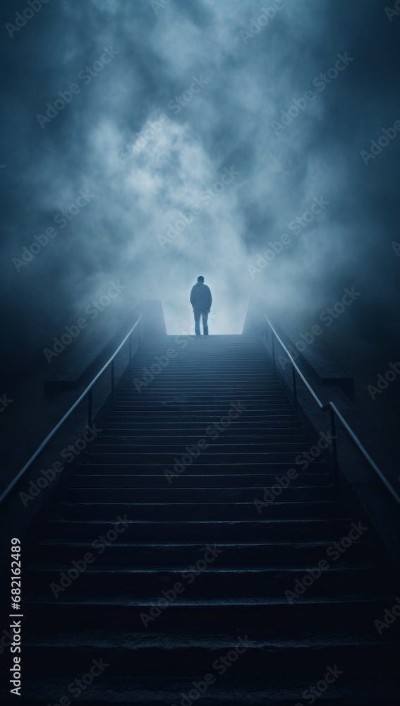 A Lone Figure Ascending the Misty Stairway to the Unknown