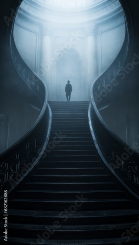 Ascending Towards the Illumination: A Dramatic Journey of a Man Climbing Stairs