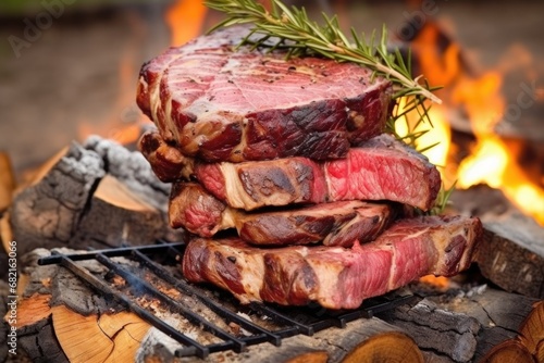grilled porterhouse steak on stack of raw firewood