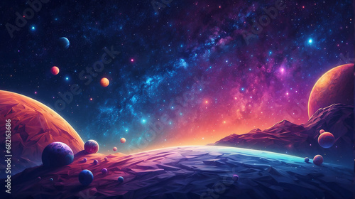 Unknown planet. Stars and galaxies, other worlds, space background, gradients and glitter.