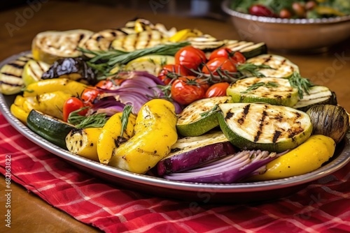 vibrant array of grilled vegetables on a large oval platter