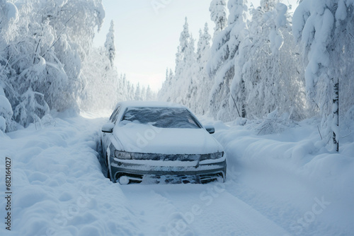 a snow-covered car covered with snow stands on the road after a snowfall.snow-covered roads © Margo_Alexa