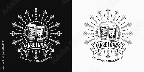 Carnival circular Mardi Gras label with full frothy glass of beer, Fleur de Lis, beads, ribbon, text. For prints, clothing, t shirt, surface design. Vintage monochrome illustration. Not AI