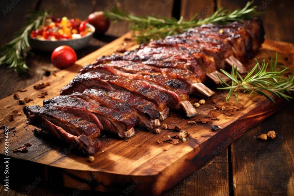 close-up of hickory-smoked ribs on wooden board