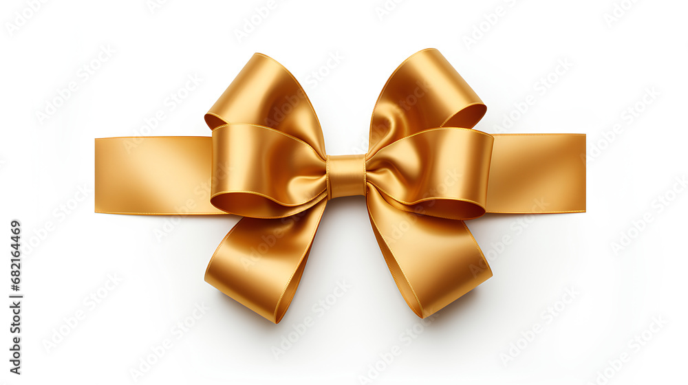 Gold Christmas gift ribbon. Plain white background.
