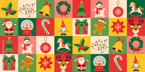 Christmas icons elements with geometric pattern. Vector flat design for poster, card, wallpaper, poster, banner, packaging. Santa Claus, red Christmas ball, ribbon bow