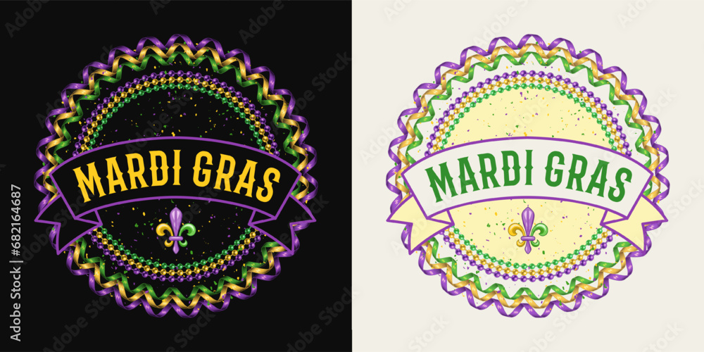 Circular label with strings of beads, party streamer, fleur de lis sign, ribbon with text. Vintage illustration for Mardi Gras carnival. For prints, clothing, t shirt, holiday goods, stuff design.