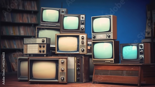 Heap of retro TV sets with no signal. Communication, media and t