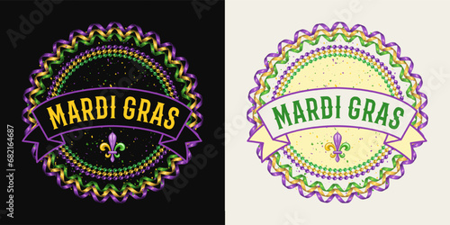 Circular label with strings of beads, party streamer, fleur de lis sign, ribbon with text. Vintage illustration for Mardi Gras carnival. For prints, clothing, t shirt, holiday goods, stuff design.