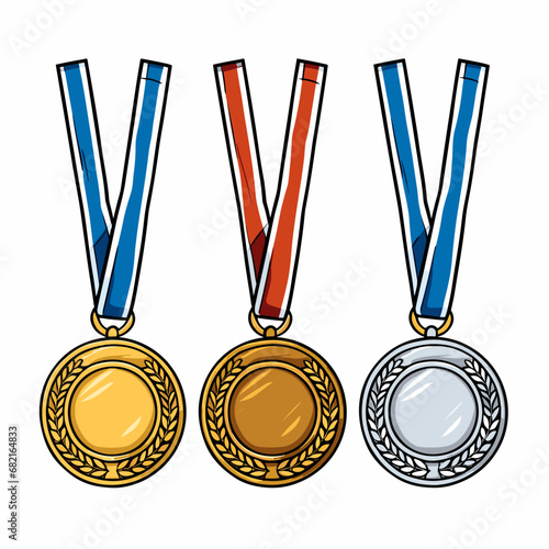 Golden silver bronze madal hand-drawn comic illustration. Medals. Vector doodle style cartoon illustration