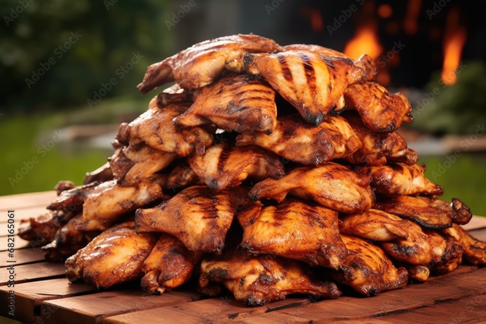 a stack of grilled wings on nature-tone table a stack of grilled wings on nature-tone table