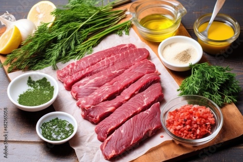 raw skirt steak with marinade ingredients