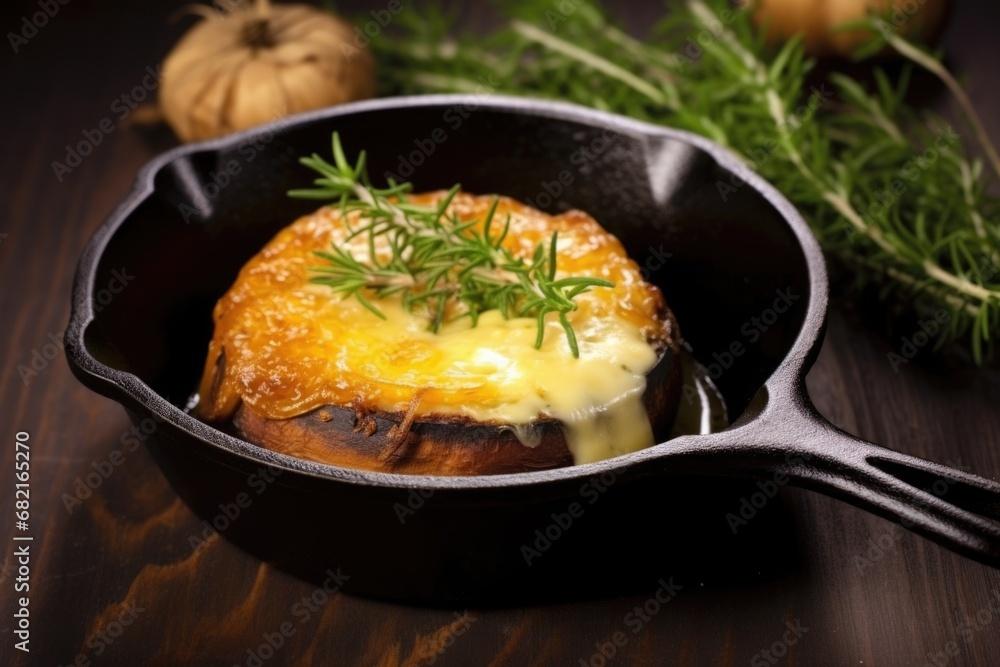 a single cheese-filled mushroom in a small cast-iron pan a single cheese-filled mushroom in a small cast-iron pan