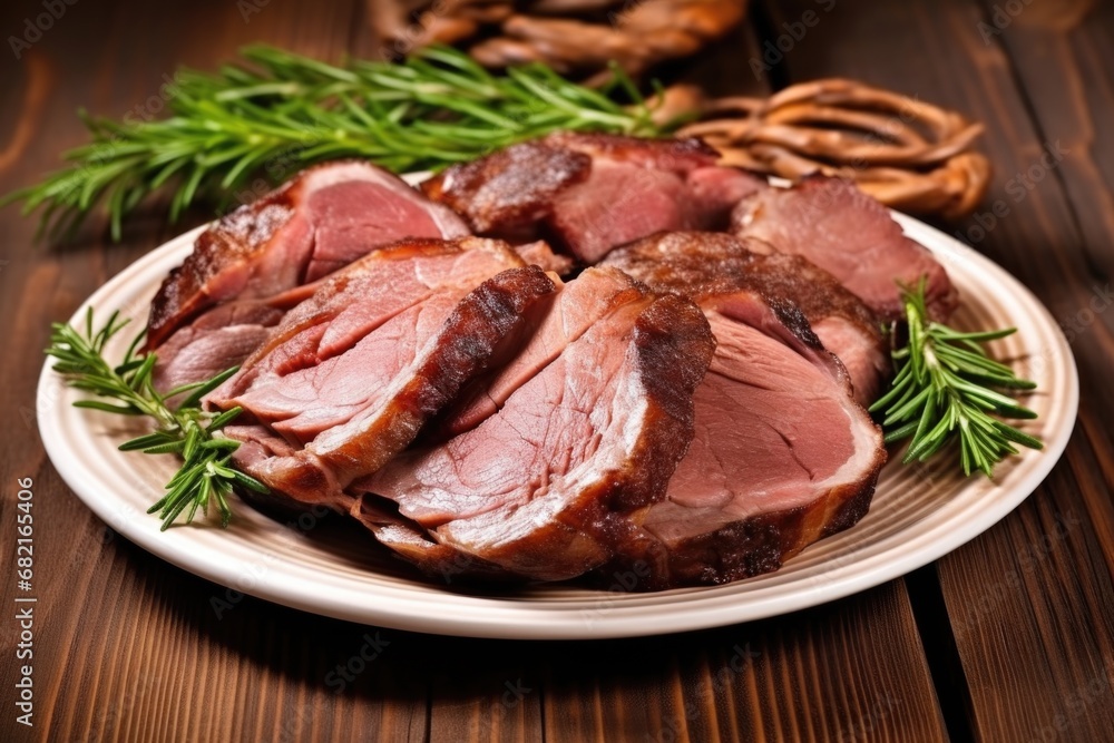 a plate with oak-smoked lamb shoulder cut into slices