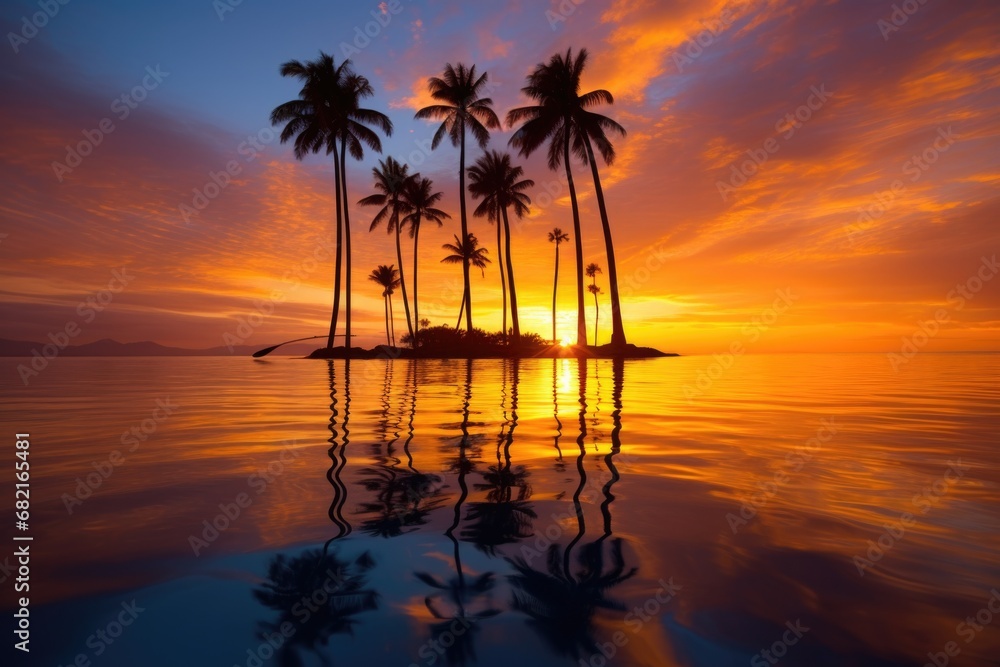 paddleboard against a sunset with tropical palm trees
