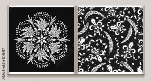 Black and white set of circular ornament, seamless pattern for Mardi Gras carnival decoration. Fleur de lis, feathers, beads on black background. For prints, clothing, t shirt, holiday goods, stuff