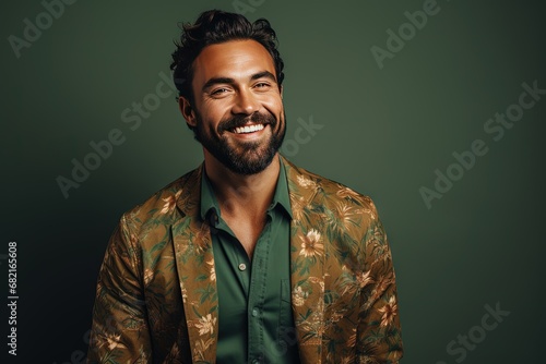 Portrait of a handsome smiling, happy and pleased man with positive vibes. Human person dressed in fashionable, colorful and fun clothes. Generative AI, AI photo
