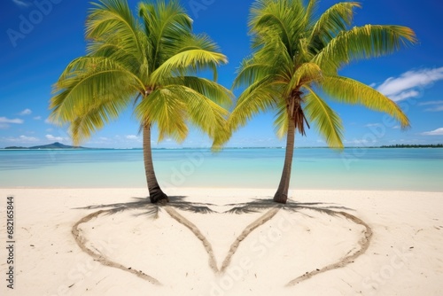 two palm trees on a white sandy beach creating a heart shape