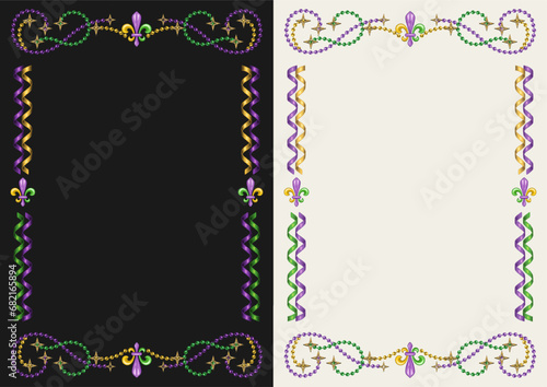 Vintage vertical rectangular frame made of spiral party streamers, ribbons, strings of beads, golden stars, Fleur de Lis sign. For Mardi Gras holiday decoration. Template for menu, poster, invitation