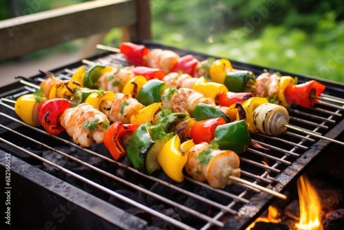 seafood kebabs roasted on an outdoor backyard grill © primopiano