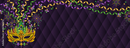 Horizontal banner with mask, spiral ribbons, party streamer,copy space Ticket, invitation design for carnival, party Advert illustration Layout, template for social media, web sites Header size