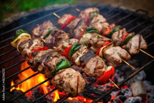 cooking kebabs of pork and mushroom on a charcoal grill